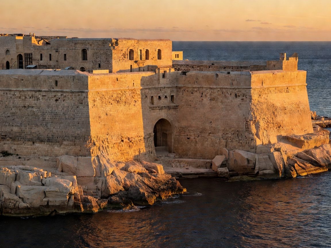 View of Fort St Elmo limestone walls at Valletta harbor entrance in Malta