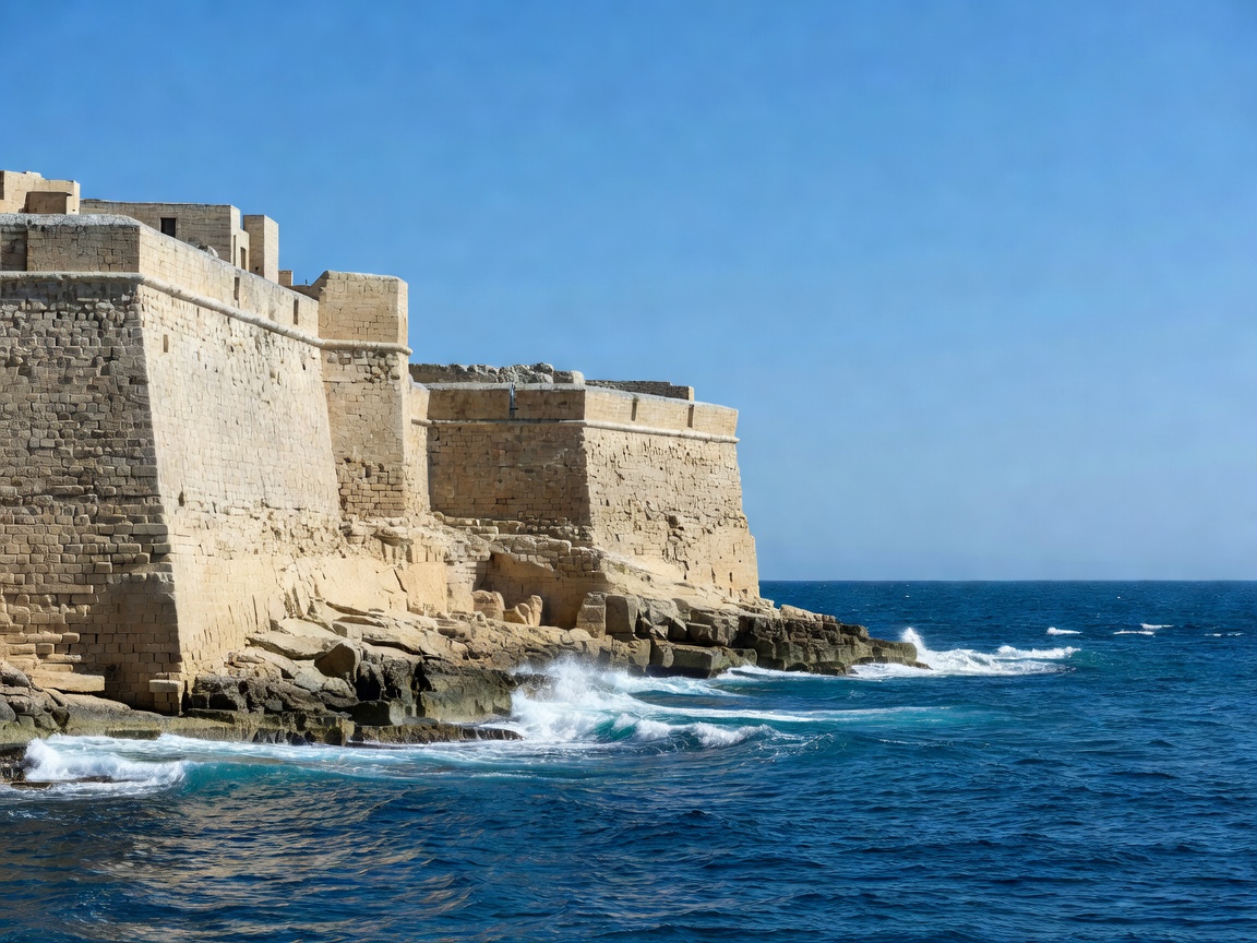 Fort St Elmo stone bastion walls and sea in Valletta Malta