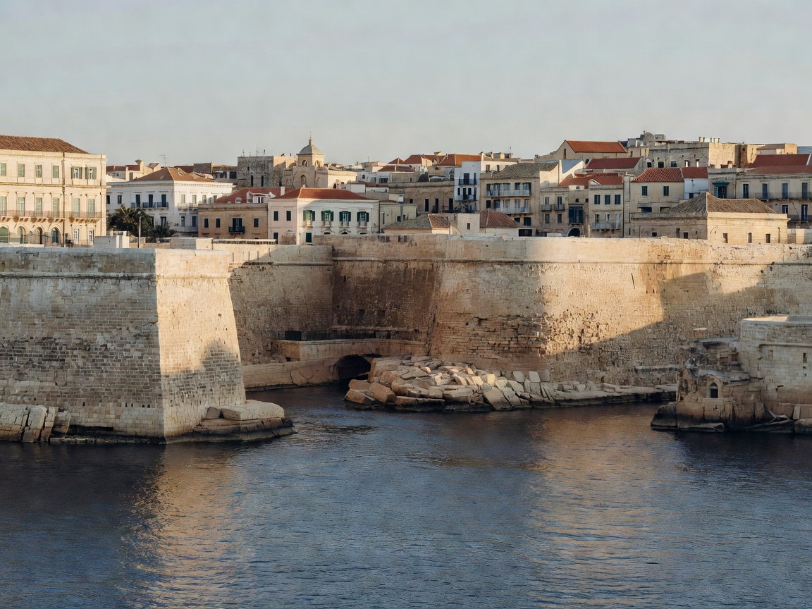 Grand Harbour fortifications across the water in Birgu Malta showcasing Fort St Angelo