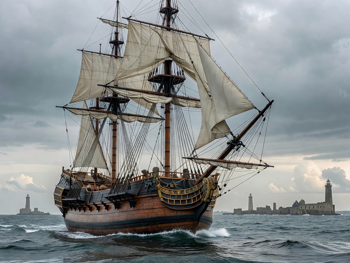 Historical wooden ship sailing on open sea with historical architecture undertone
