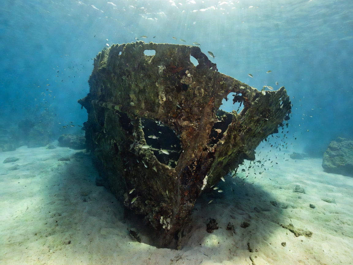 Underwater research image of ship wreck hull lying on sandy ocean floor in Malta