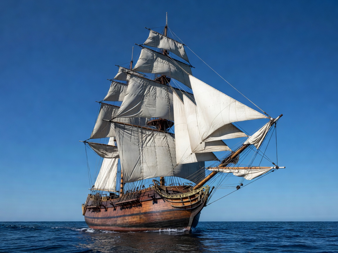Lateen-rigged wooden sailing xebec ship sailing in Maltese waters against deep blue sky