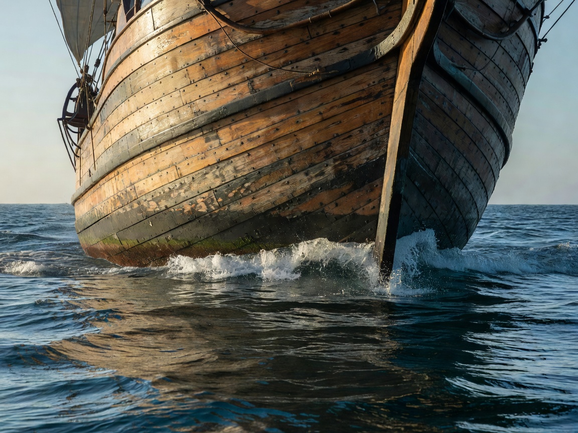 Wooden tall ship sailing ship hull on open Mediterranean sea water